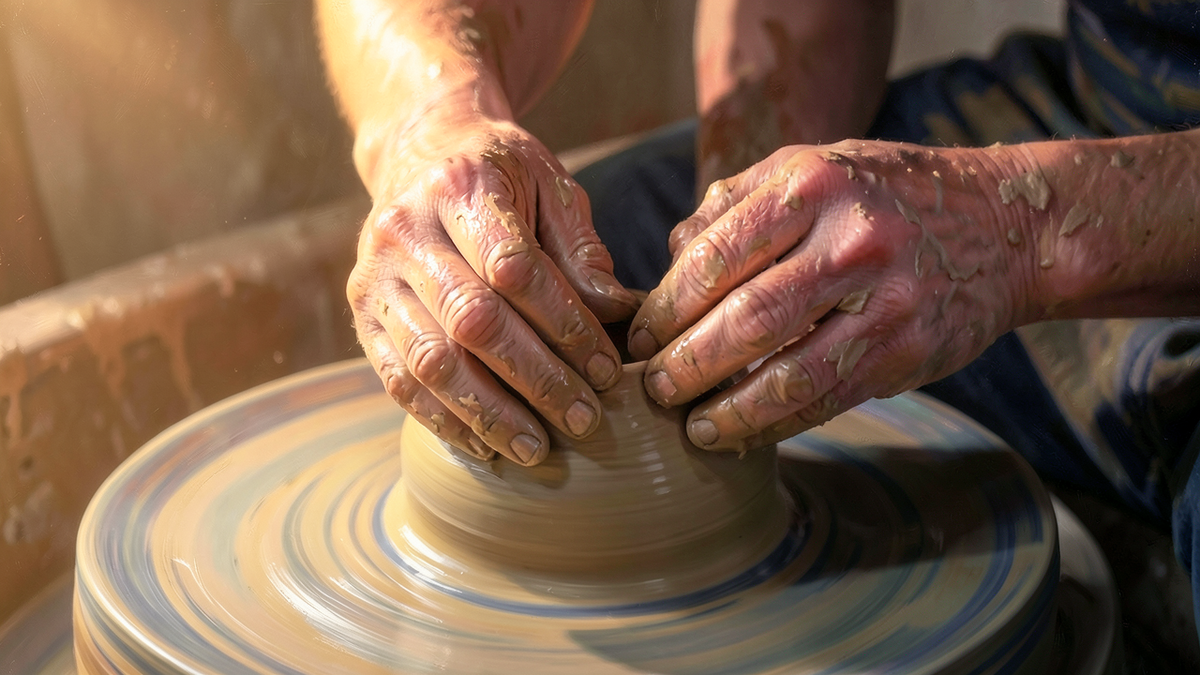 A craftsperson's hands shaping clay with careful attention, representing the cultivation of moral virtue through practice and deliberate effort