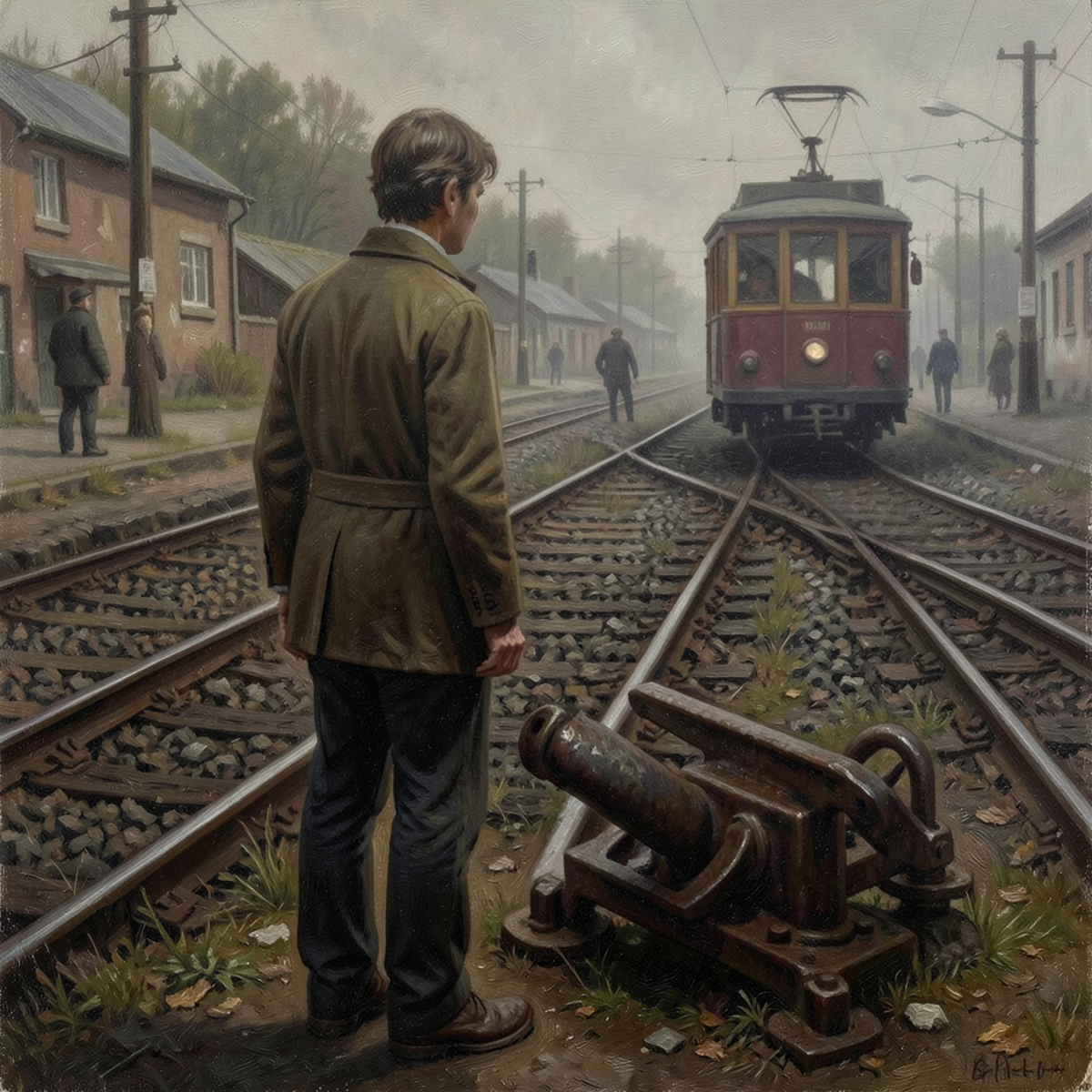A figure standing motionless beside a lever, looking away while a trolley approaches people on the tracks, representing the moral weight of choosing not to act