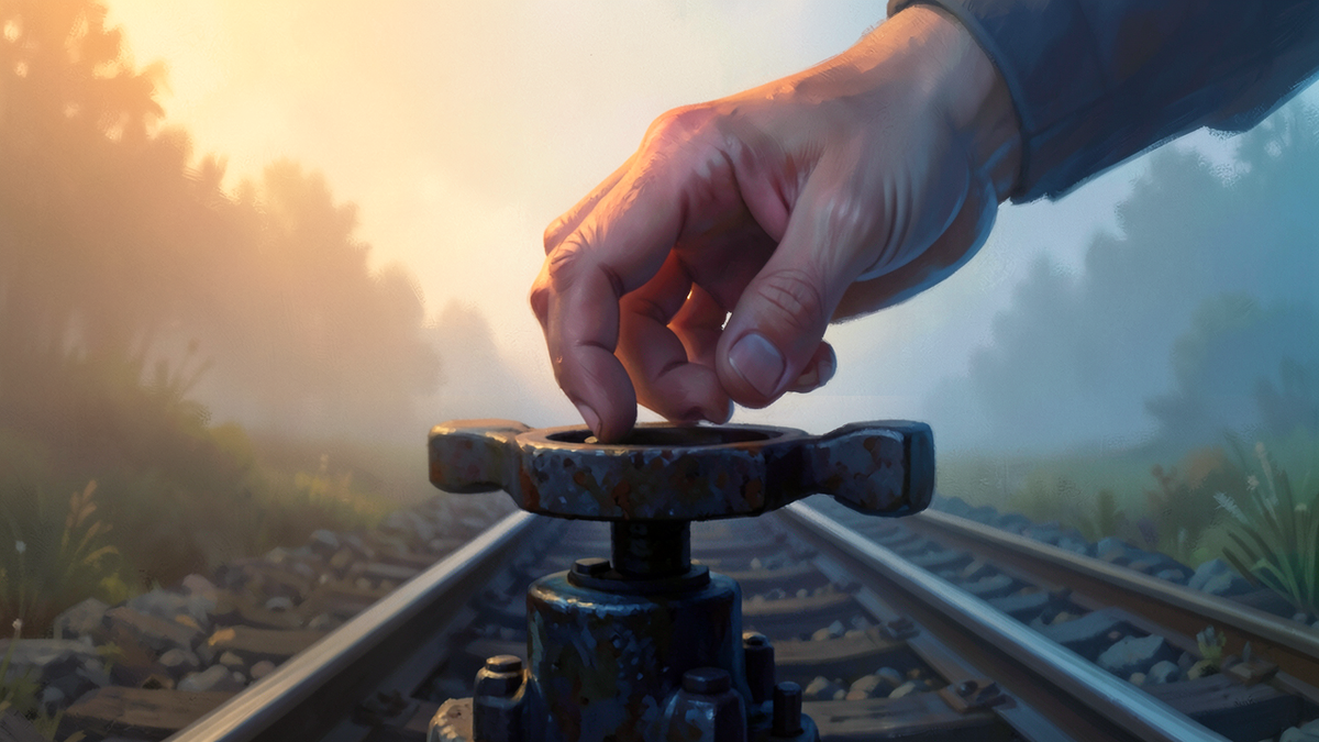 A hand hovering above a lever without grasping it, the tracks visible below stretching into distance, representing hesitation at the point of decision