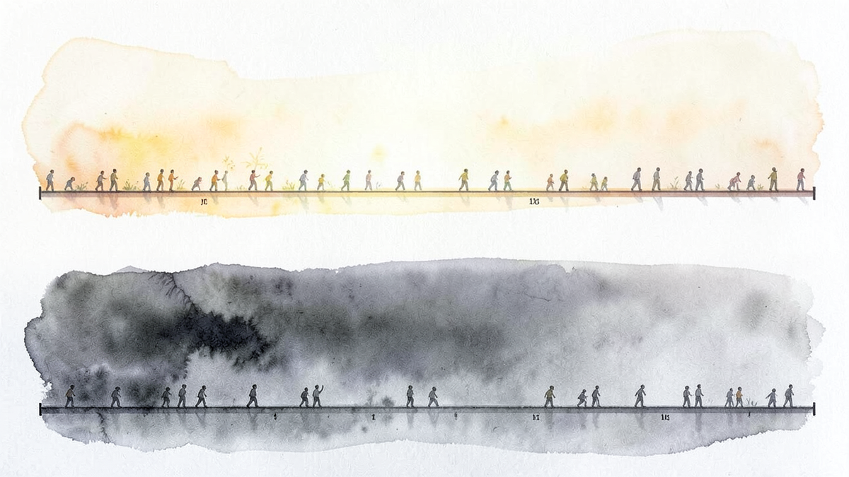 Two parallel timelines, one showing a world with visible progress and the other showing stagnation, representing the cost of delay