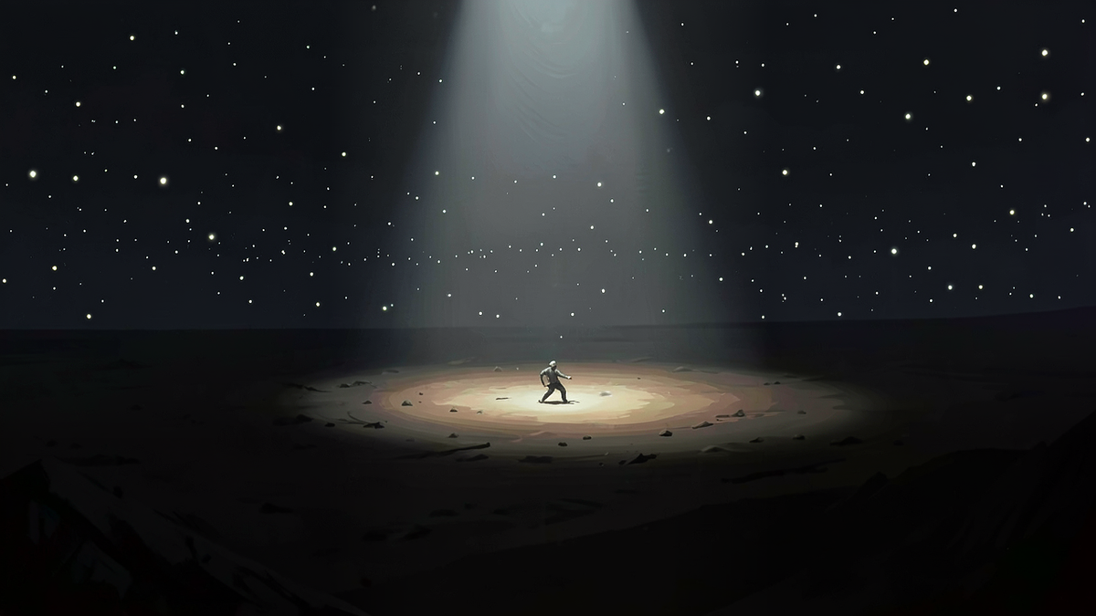 A bright spotlight on one visible failure while countless invisible successes remain in shadow, representing the asymmetry between visible and invisible harms