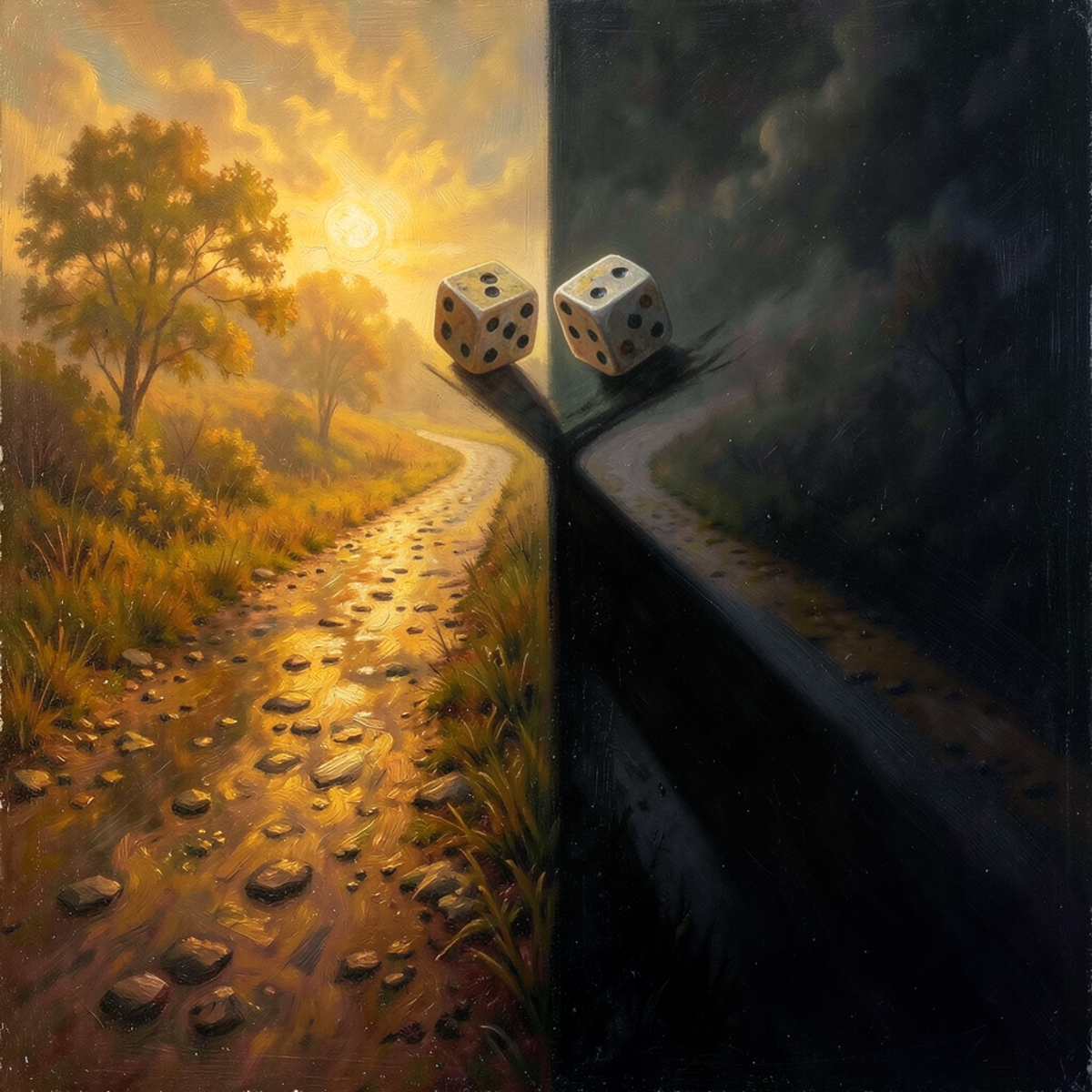 Two identical paths diverging from the same point, one ending in light and the other in shadow, with a pair of dice suspended at the fork, representing the role of chance in moral outcomes