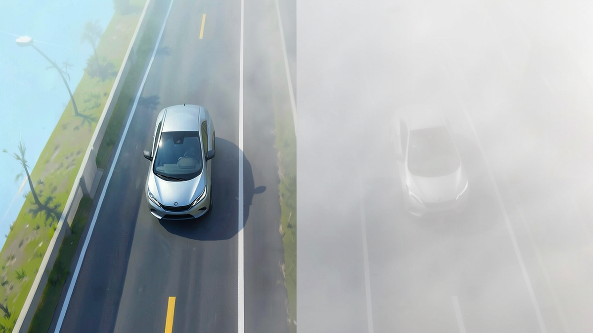 Two identical vehicles on parallel roads, one in clear daylight and the other in fog, representing identical decisions with different outcomes due to chance