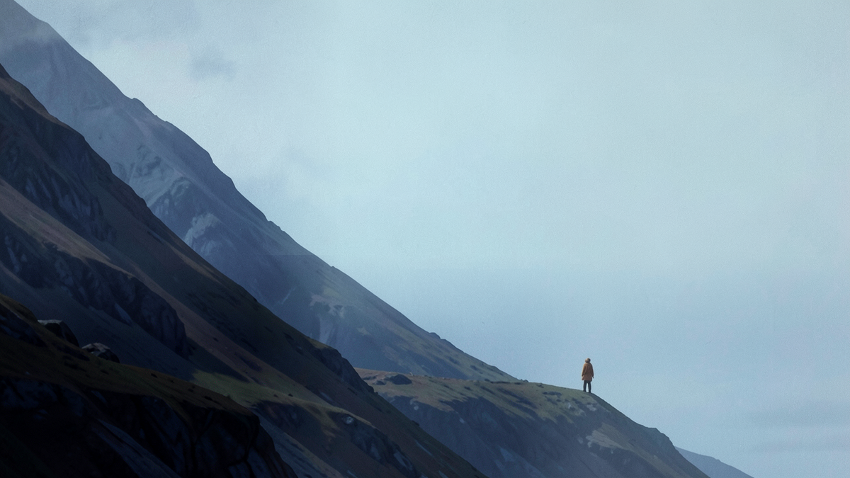 A probability curve rendered as a landscape, with a small figure standing in the tail of the distribution where unlikely outcomes occur