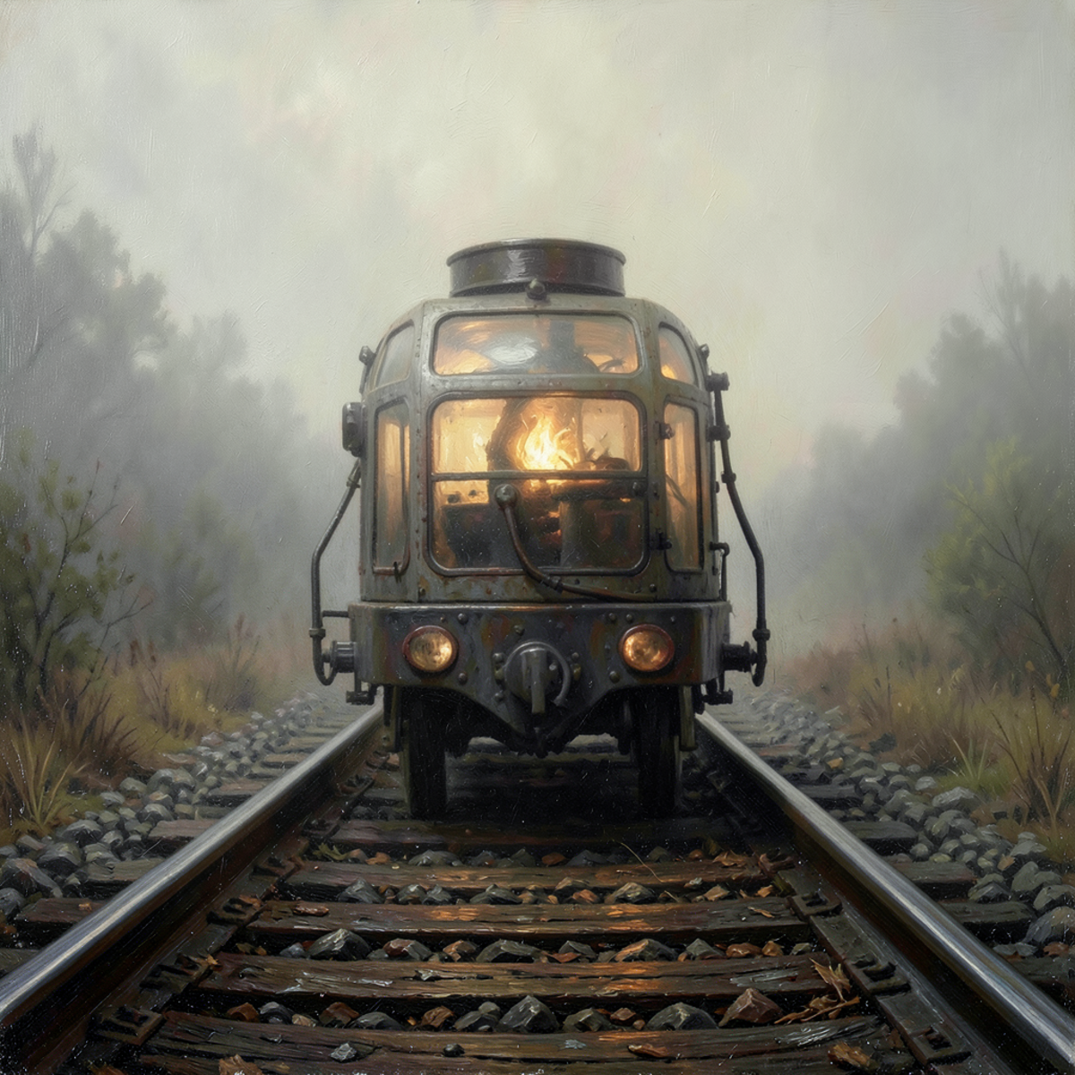 A trolley on tracks that appears to have a faint glow of awareness, with abstract shapes suggesting the question of whether the machine itself matters morally