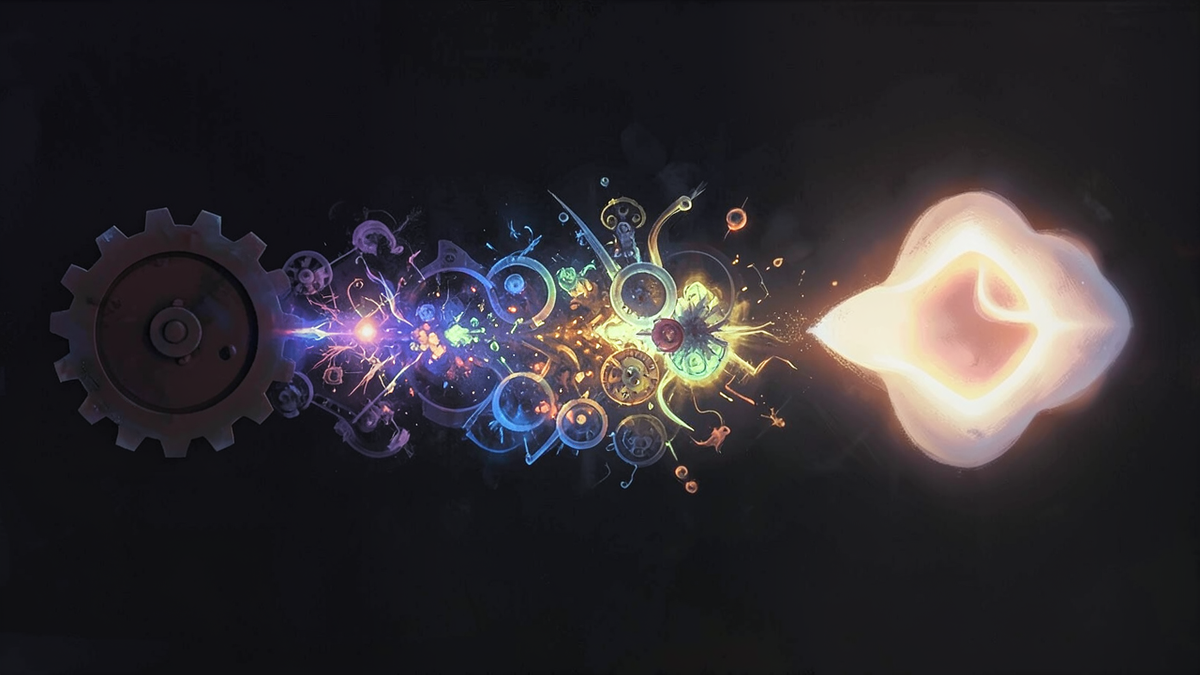 A gradient spectrum from a simple mechanical gear on one end to a luminous abstract form suggesting awareness on the other, representing the range from tool to moral patient