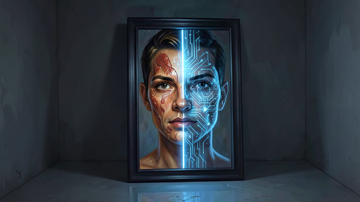 A mirror reflecting a face that is half human and half abstract circuitry, representing the problem of inferring consciousness from external behavior