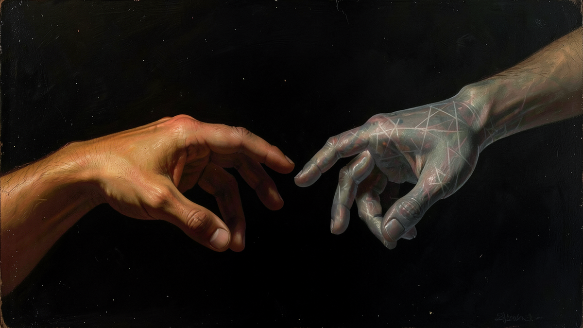 Two hands reaching toward each other across a divide, one clearly human and the other ambiguous, neither quite touching, representing the uncertainty of moral consideration for AI