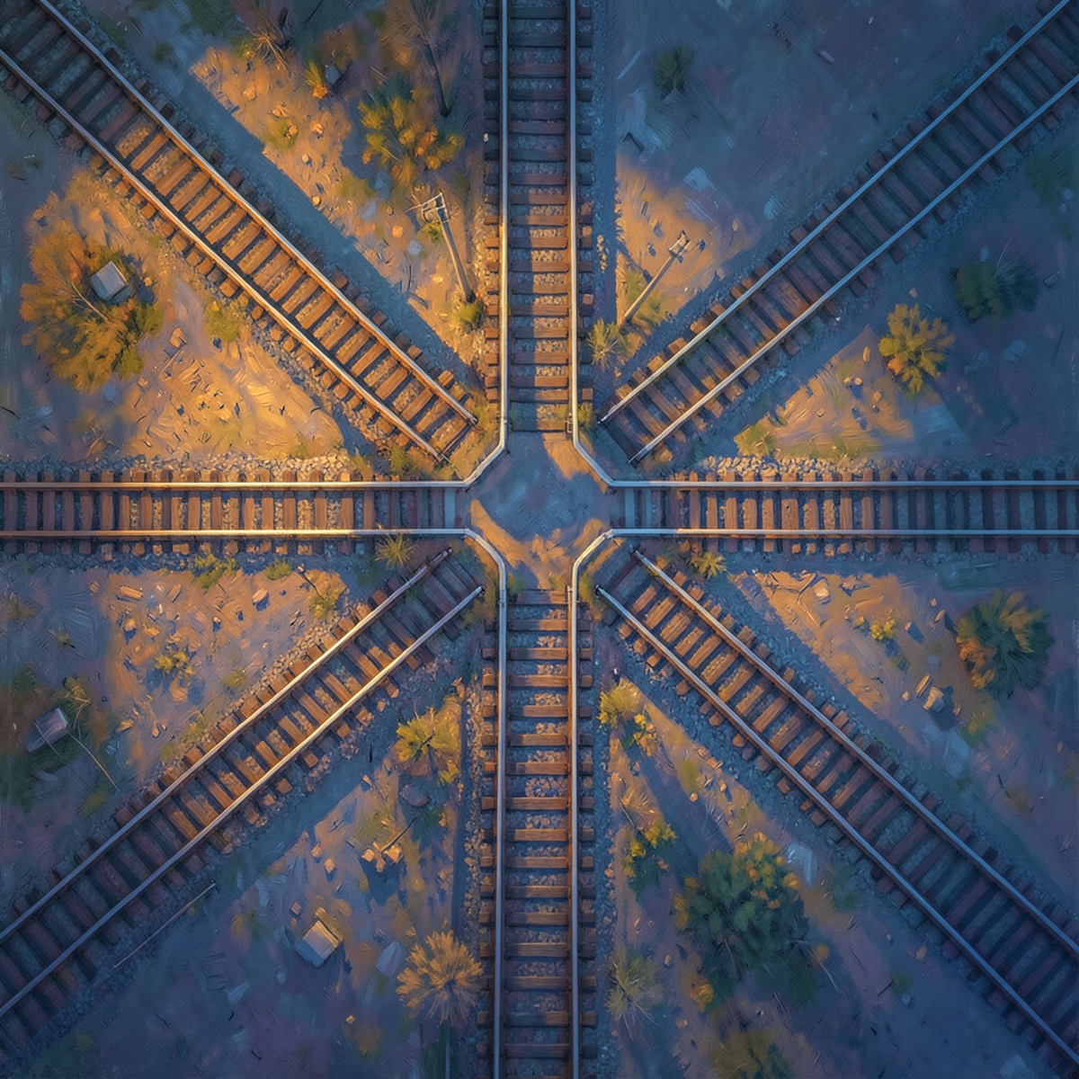 Multiple trolley tracks diverging in every direction from a central point, each path equally valid, with no single correct route, representing moral pluralism