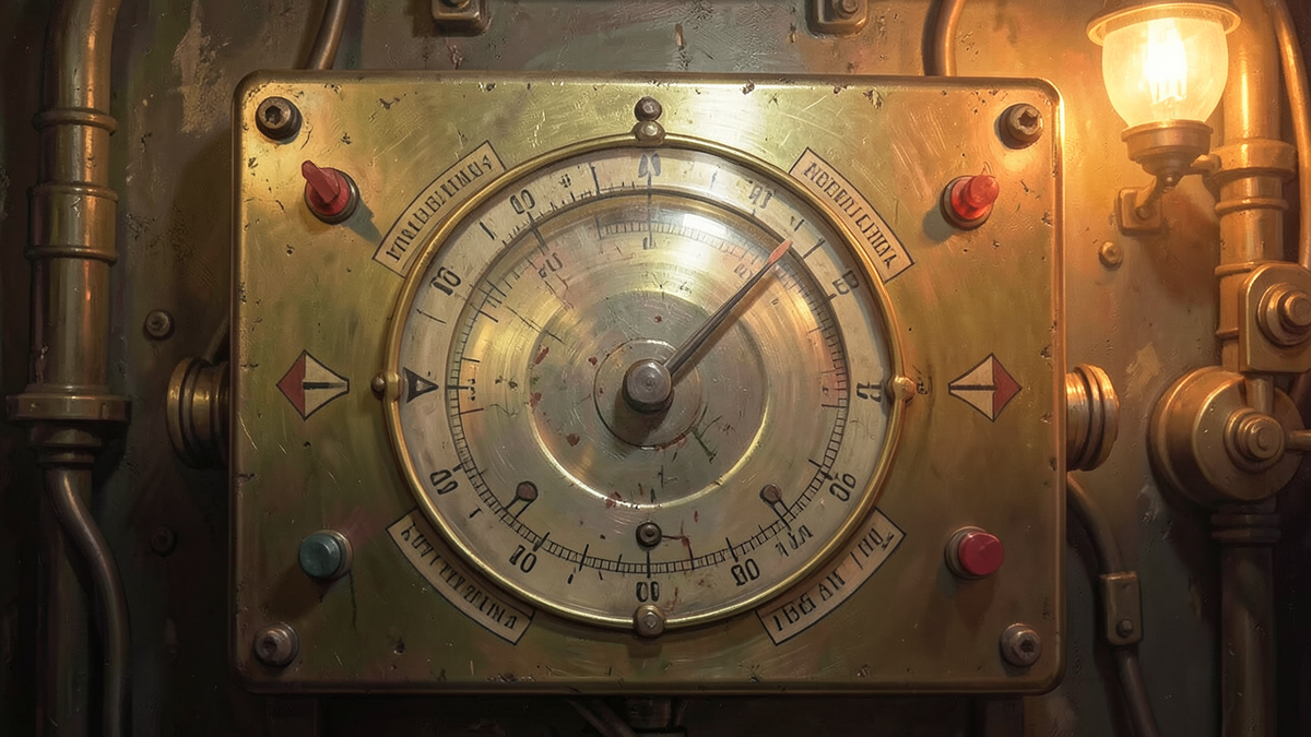 A control panel with a single dial labeled with different moral frameworks, the dial unable to point to all of them at once, representing the choice hidden inside algorithmic design