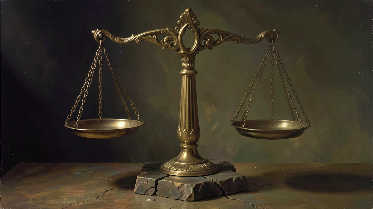 A scale balanced perfectly but with a crack running through its base, representing a correct choice that still carries moral weight and loss