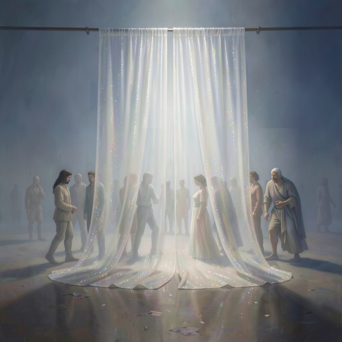 A translucent curtain separating a figure from a complex network of interconnected paths and positions, representing the veil of ignorance before a system of algorithmic decisions