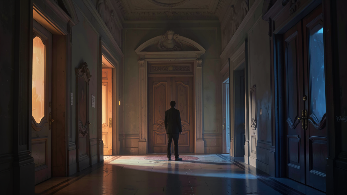 A silhouetted figure standing before multiple doorways, each leading to a different life circumstance, unable to see which door leads where