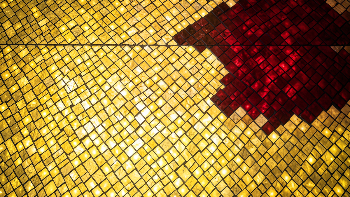 A floor of tiles where most glow steadily but a cluster in one corner flickers and dims, representing the users who fare worst under an algorithm optimized for averages