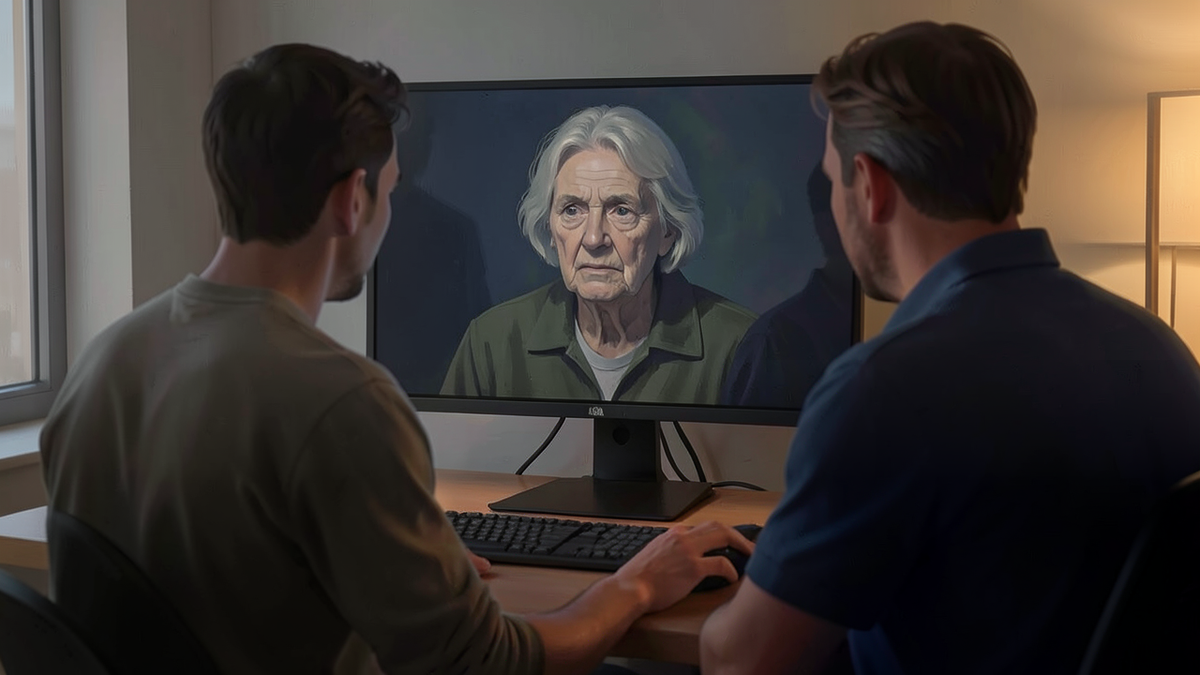 An engineer at a workstation whose reflection in the screen shows a different person, representing the challenge of imagining yourself in another's position